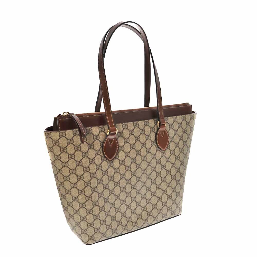 GUCCI Tote Bag GG Supreme Canvas Leather Beige Brown